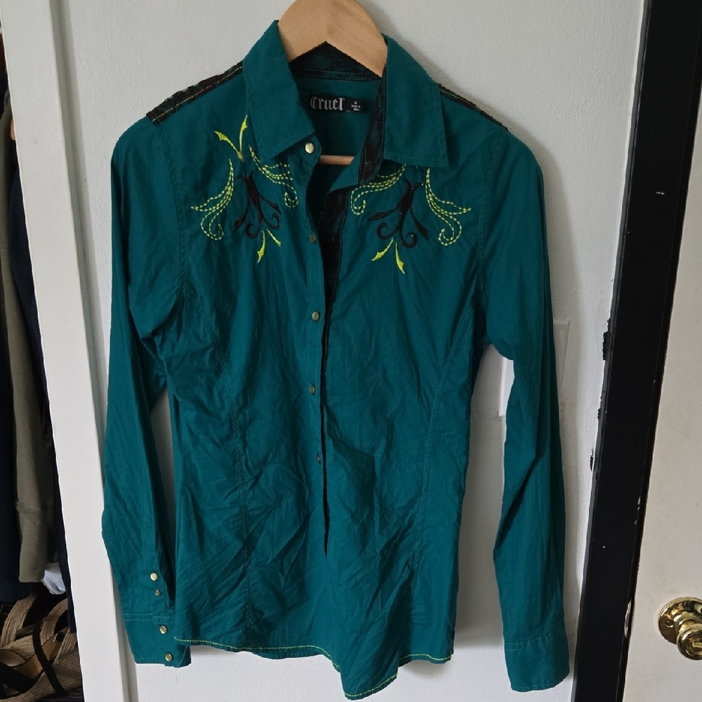 Teal Embroidered Long Sleeve Shirt